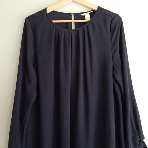 H&M / A-Line Sheer Sleeve Pleated Scoop Neck Knee Length Dress Navy Sz 14 - Picture 2 of 10